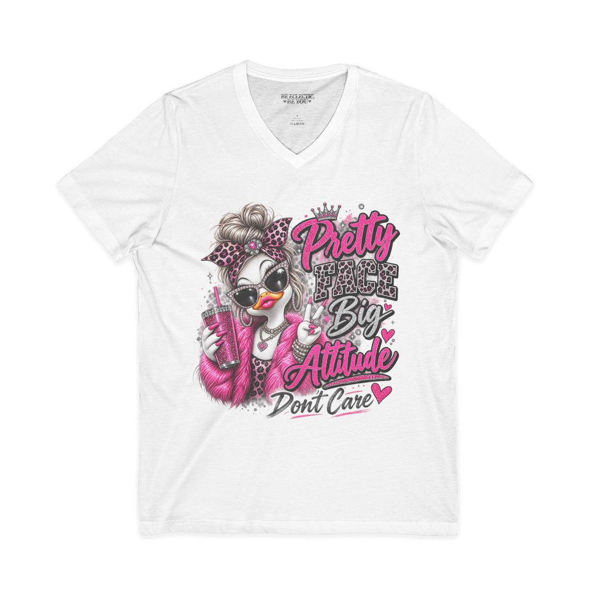 Pretty Duck Graphic V-Neck Tee — "Pretty Bigger Attitude Don’t Care"
