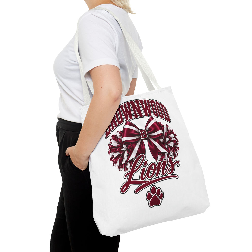 Brownwood Lions Cheer Tote Bag — School Spirit Bow & Pom-Pom Design
