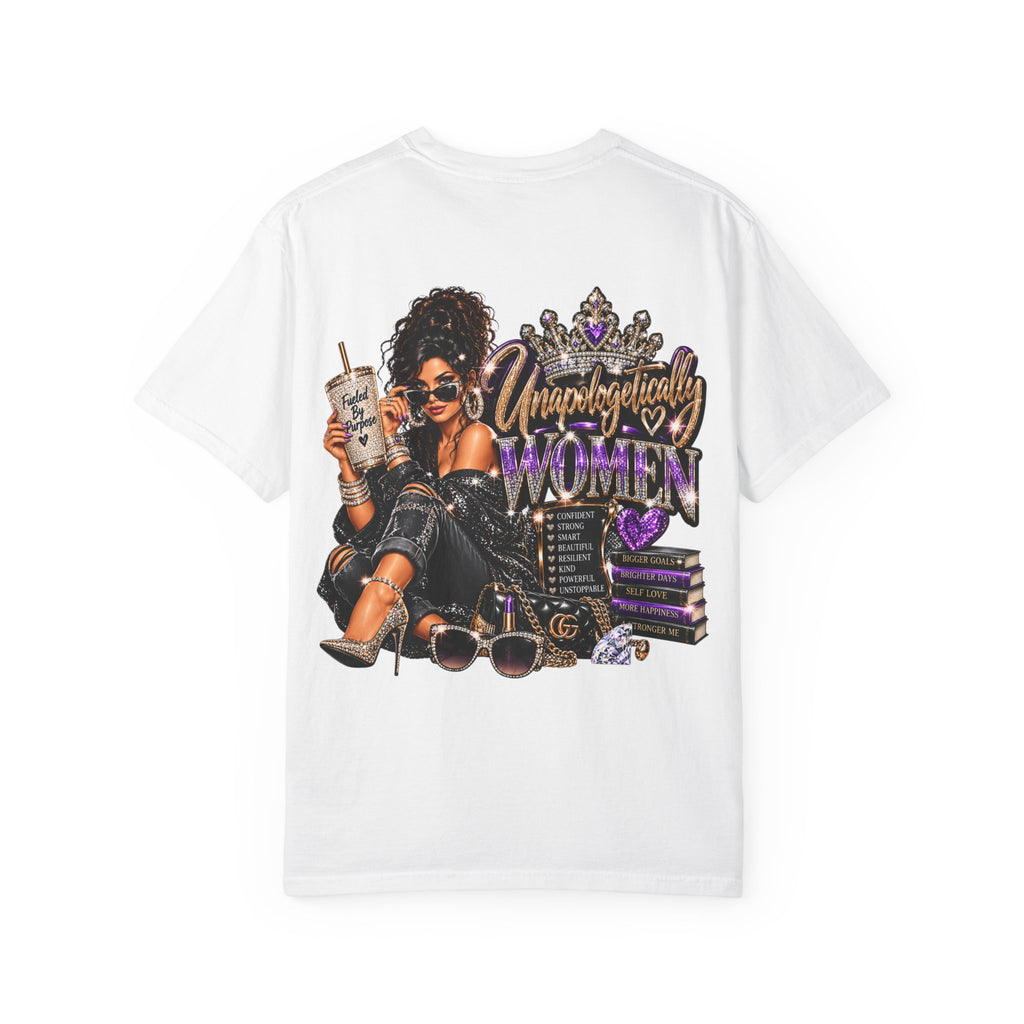Unapologetically Women T-Shirt — Empowerment Graphic Tee with Crown, Books & Fashion Illustration