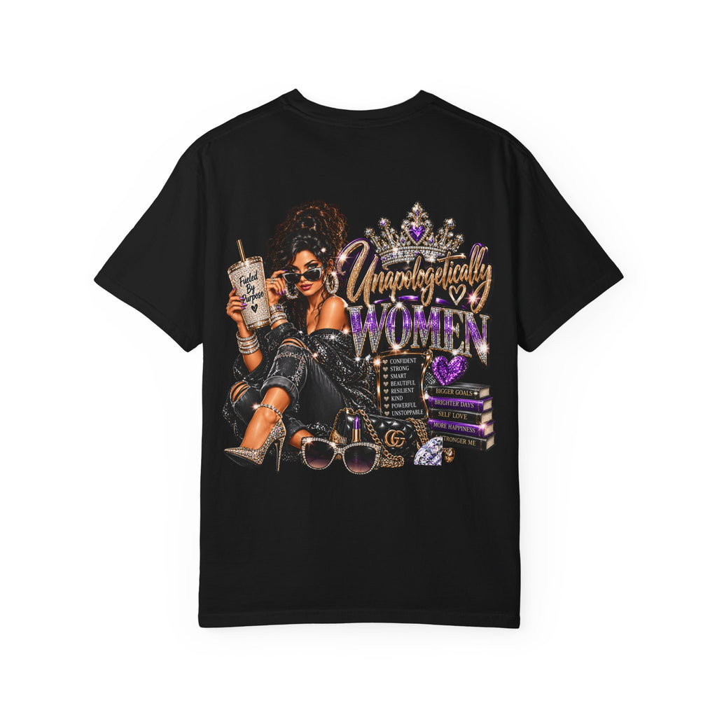 Unapologetically Women T-Shirt — Empowerment Graphic Tee with Crown, Books & Fashion Illustration