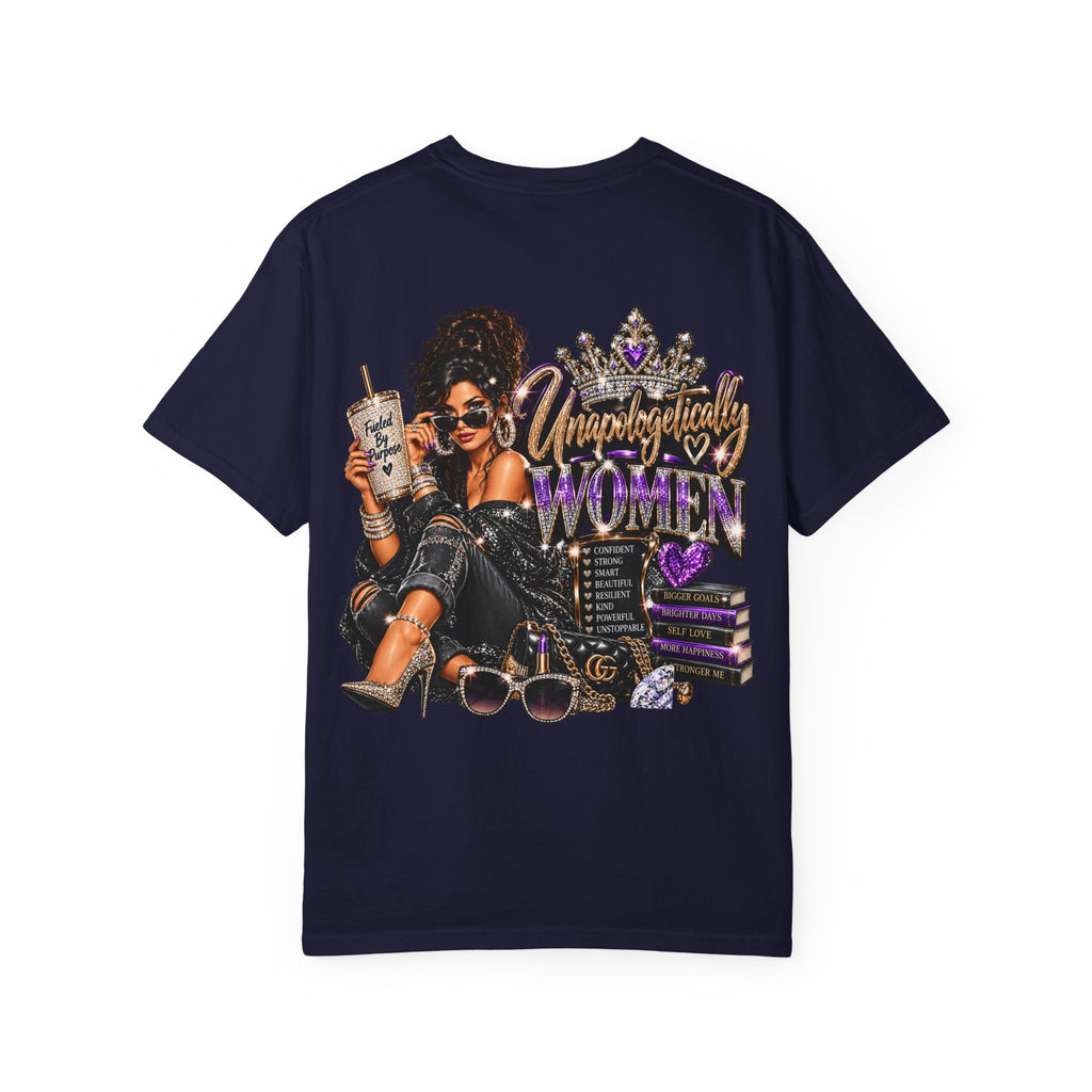 Unapologetically Women T-Shirt — Empowerment Graphic Tee with Crown, Books & Fashion Illustration