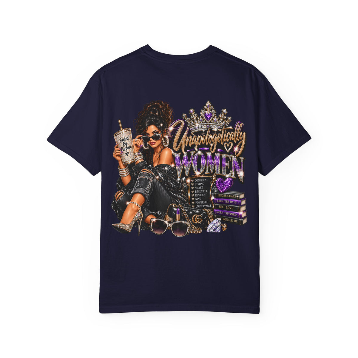 Unapologetically Women T-Shirt — Empowerment Graphic Tee with Crown, Books & Fashion Illustration