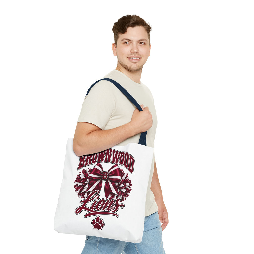 Brownwood Lions Cheer Tote Bag — School Spirit Bow & Pom-Pom Design