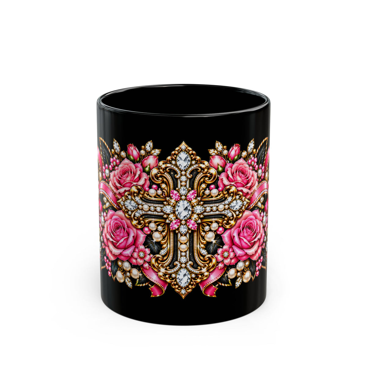 Floral Cross Black Mug – Gothic Rose Christian Gift