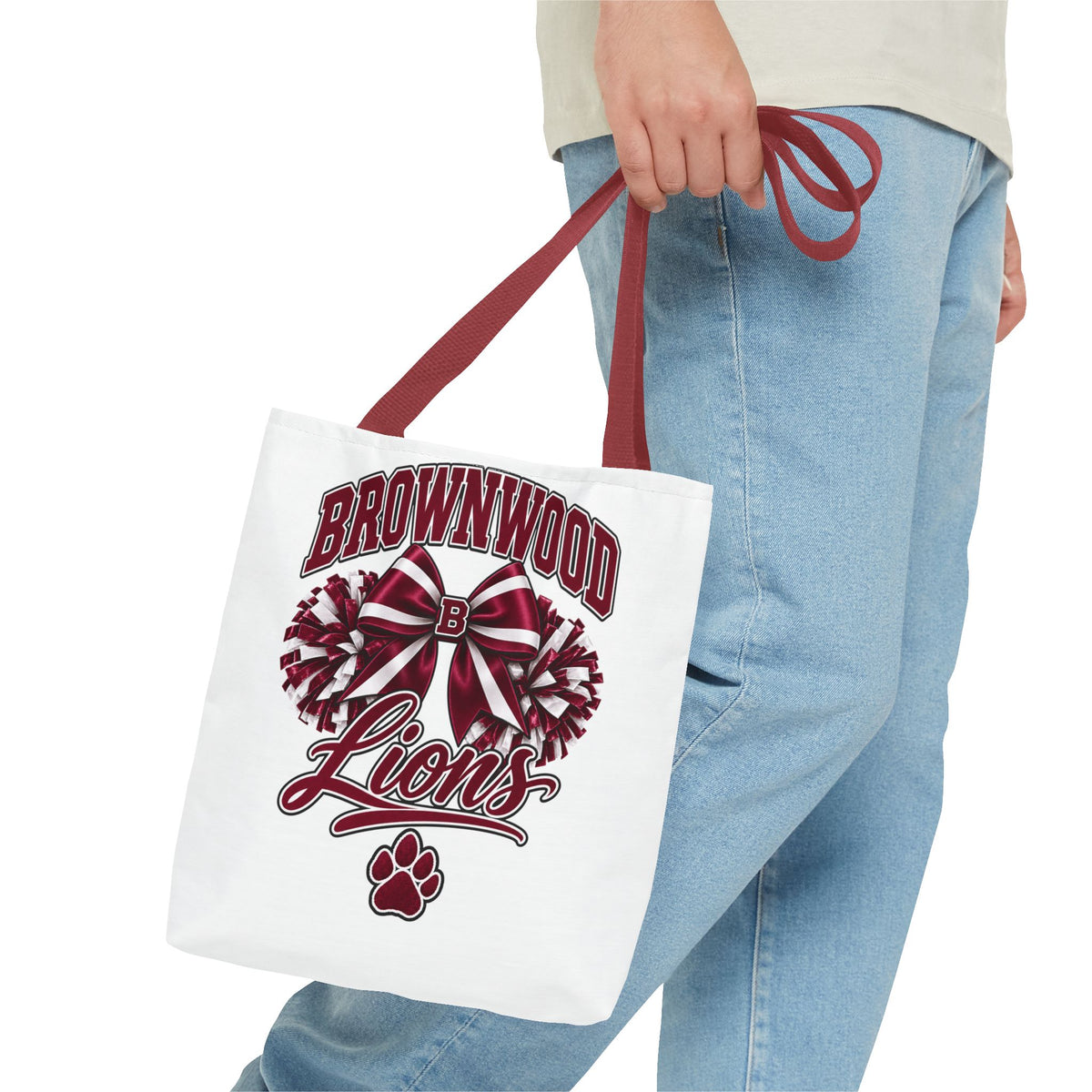 Brownwood Lions Cheer Tote Bag — School Spirit Bow & Pom-Pom Design