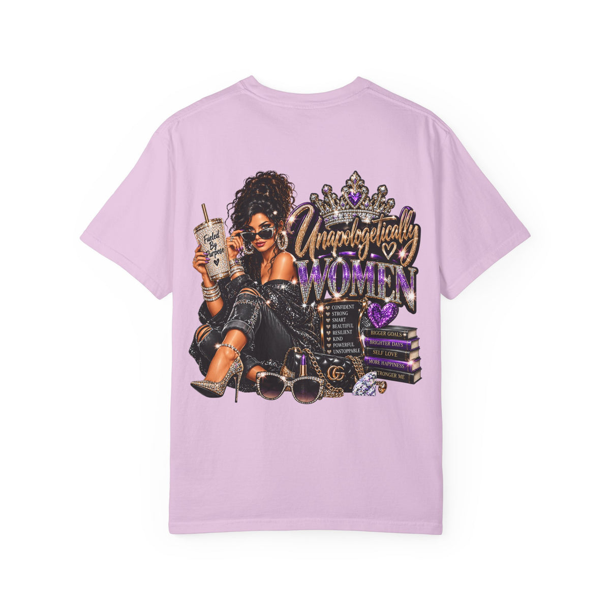 Unapologetically Women T-Shirt — Empowerment Graphic Tee with Crown, Books & Fashion Illustration