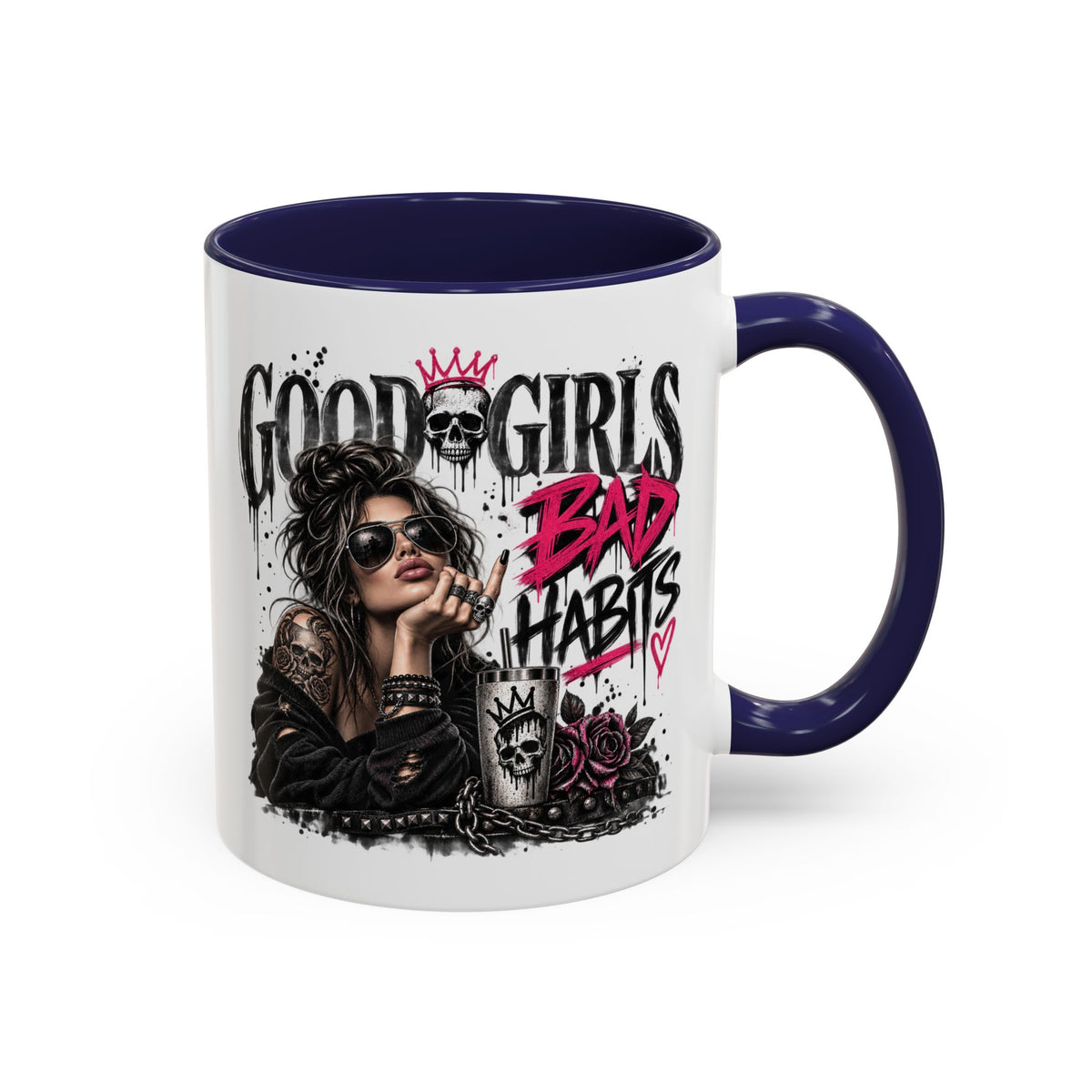 Good Girls, Bad Habits Accent Coffee Mug – Edgy Skull & Crown Design (11/15oz)