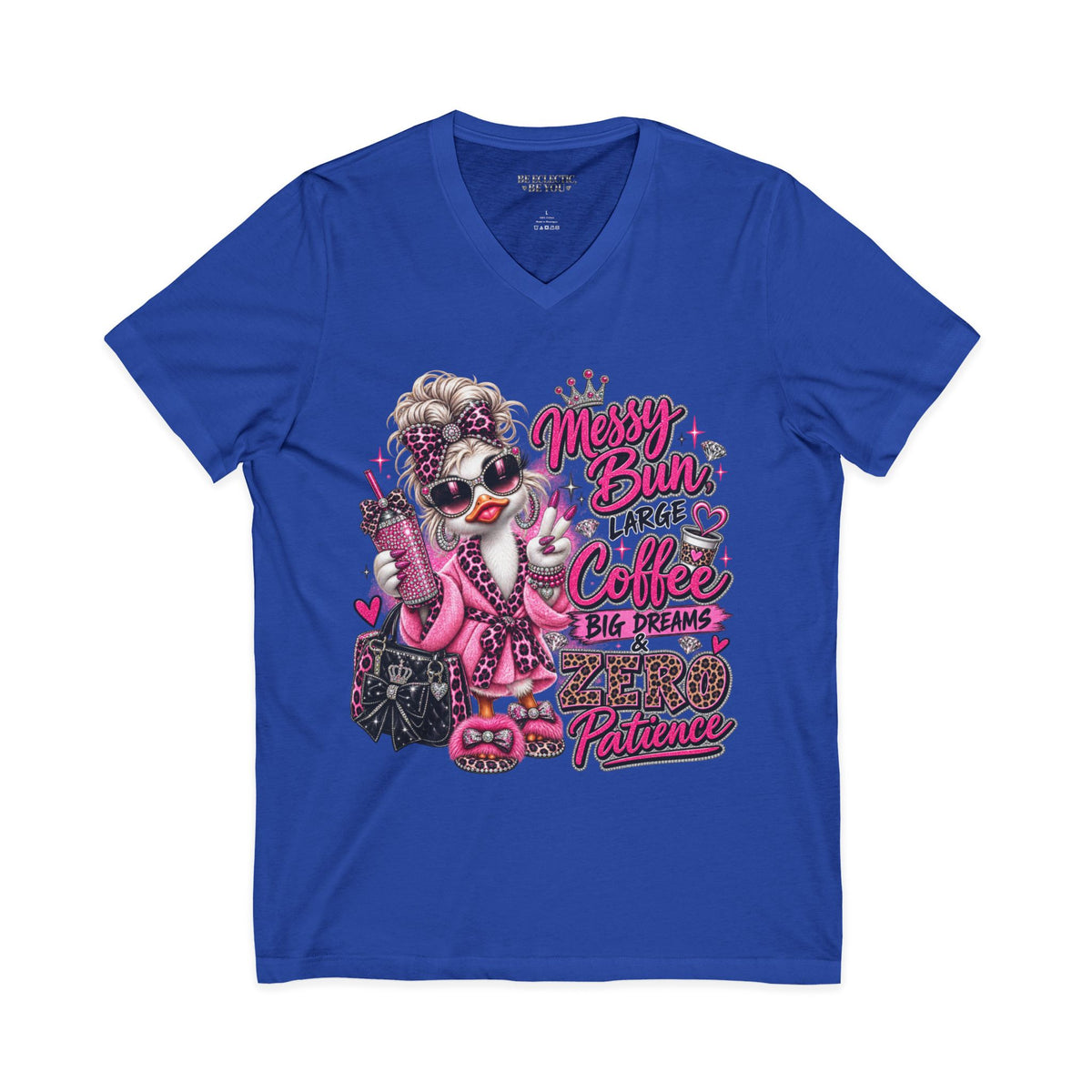 Messy Bun, Big Coffee V-Neck Tee — Funny Mom Graphic T-Shirt