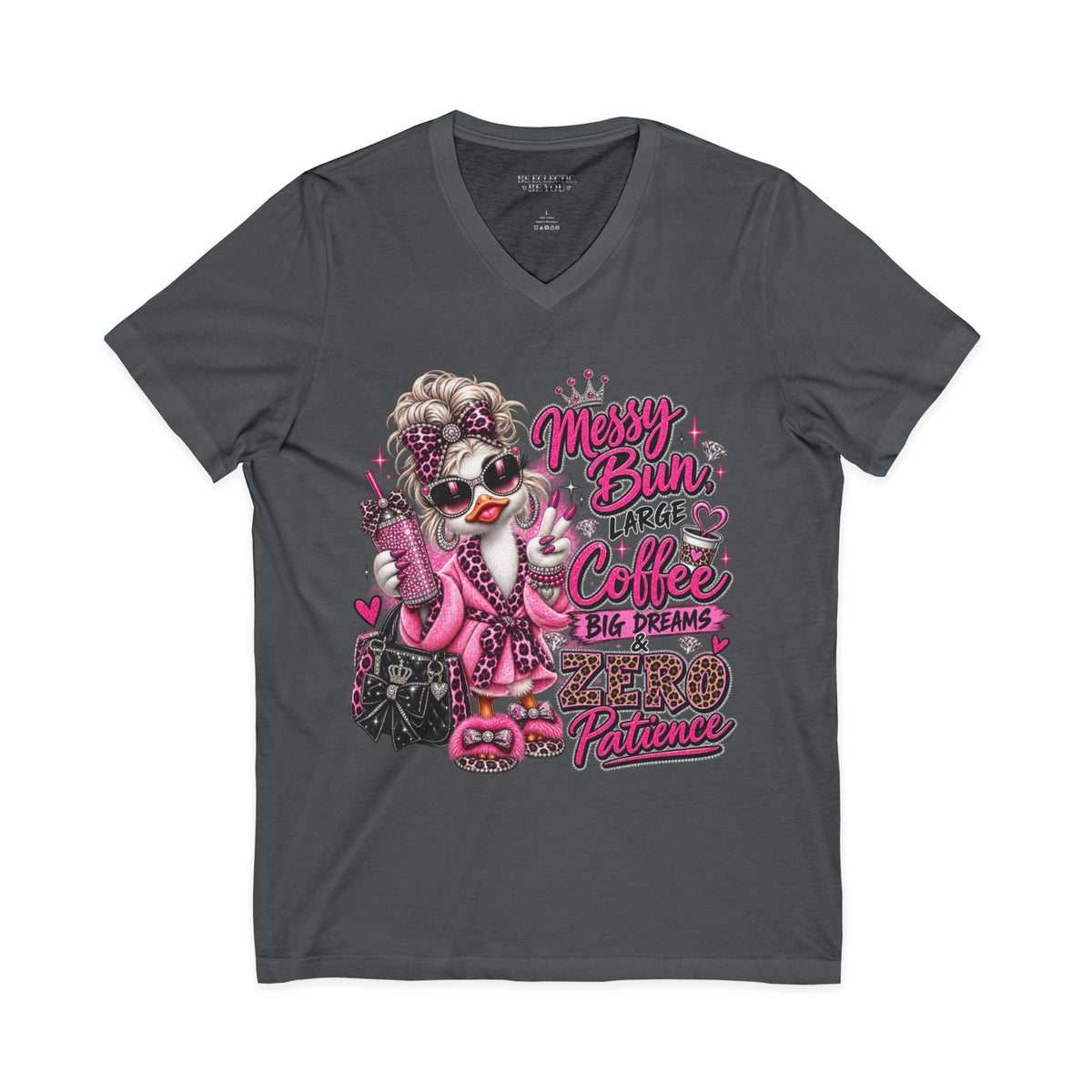 Messy Bun, Big Coffee V-Neck Tee — Funny Mom Graphic T-Shirt