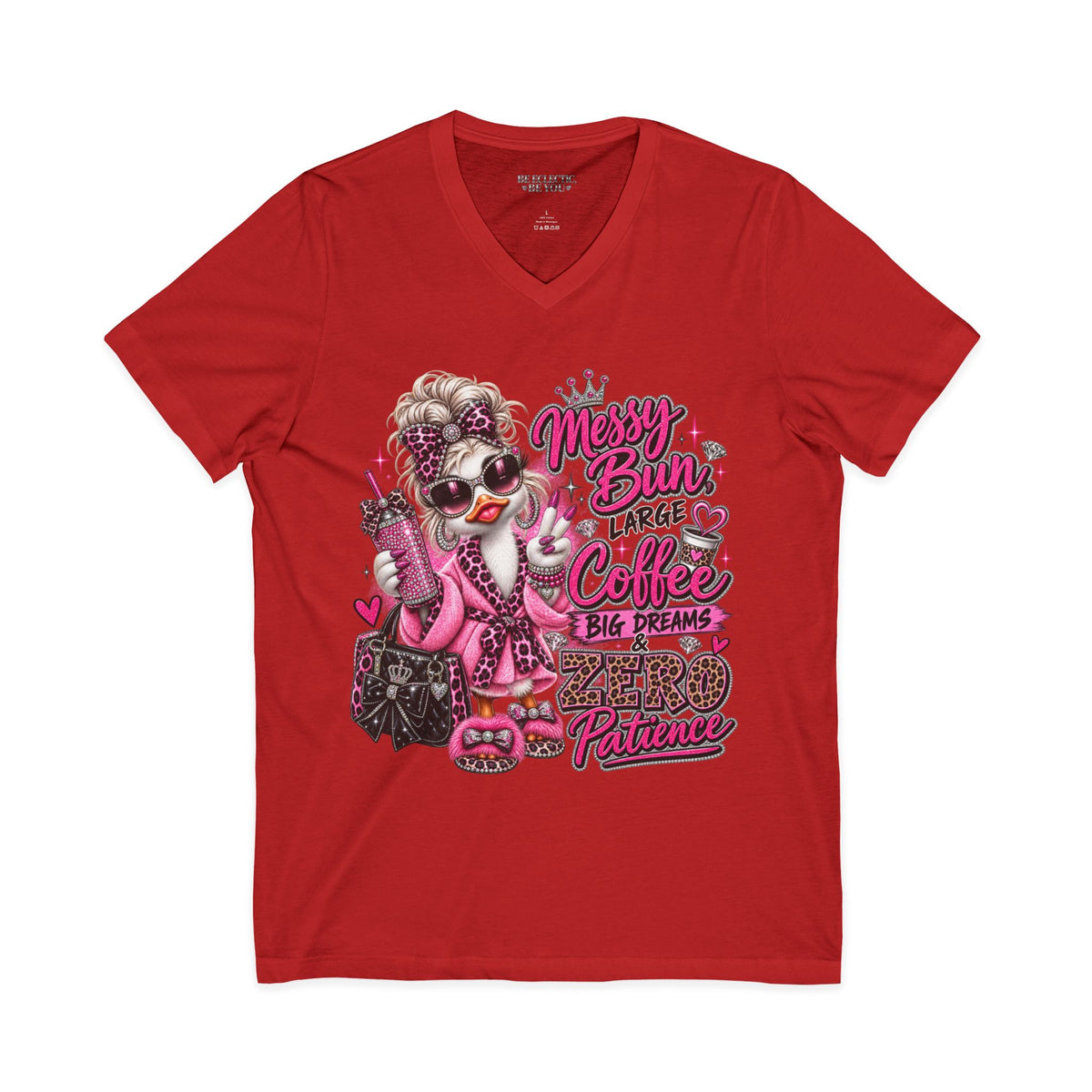 Messy Bun, Big Coffee V-Neck Tee — Funny Mom Graphic T-Shirt