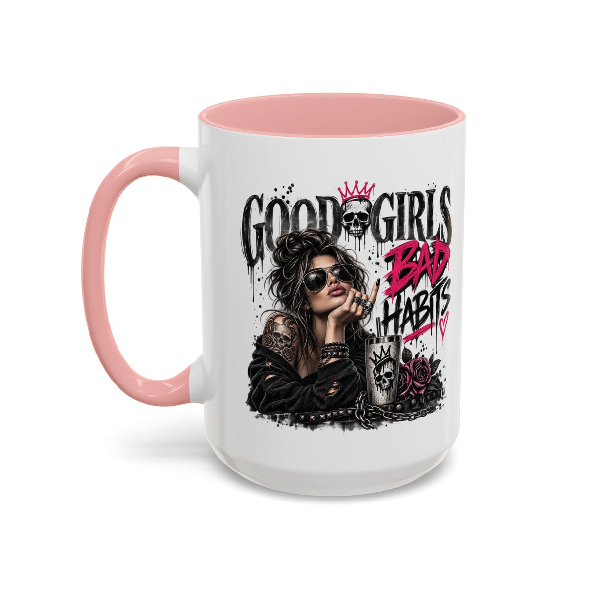 Good Girls, Bad Habits Accent Coffee Mug – Edgy Skull & Crown Design (11/15oz)