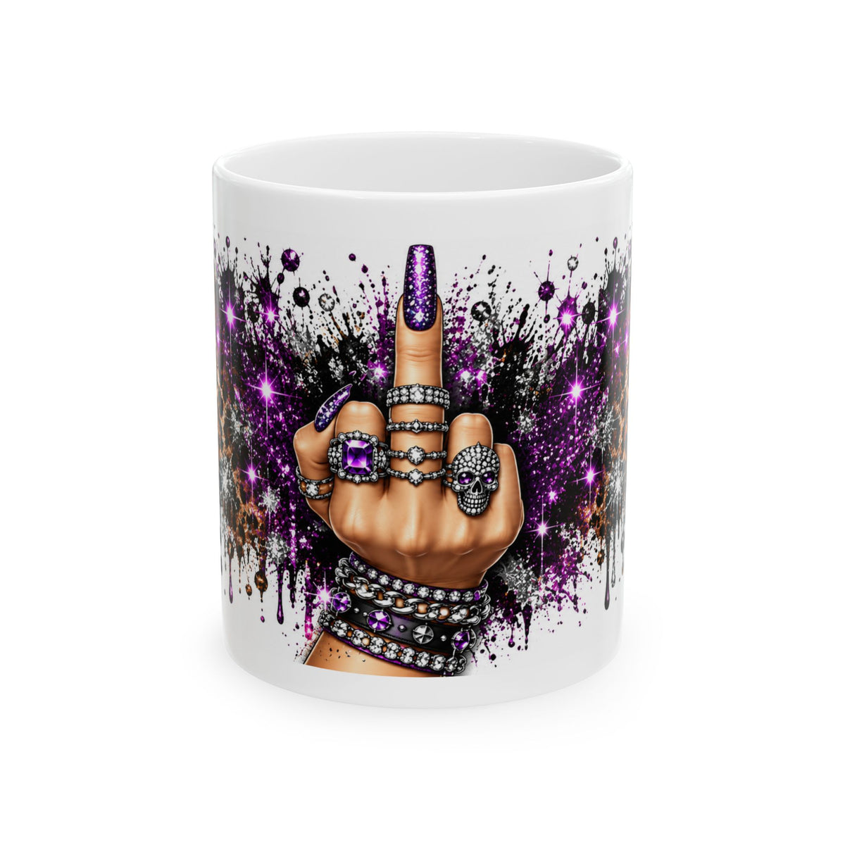 Middle Finger Purple Glam Ceramic Mug — Edgy Don’t Care Coffee Cup (11oz & 15oz)