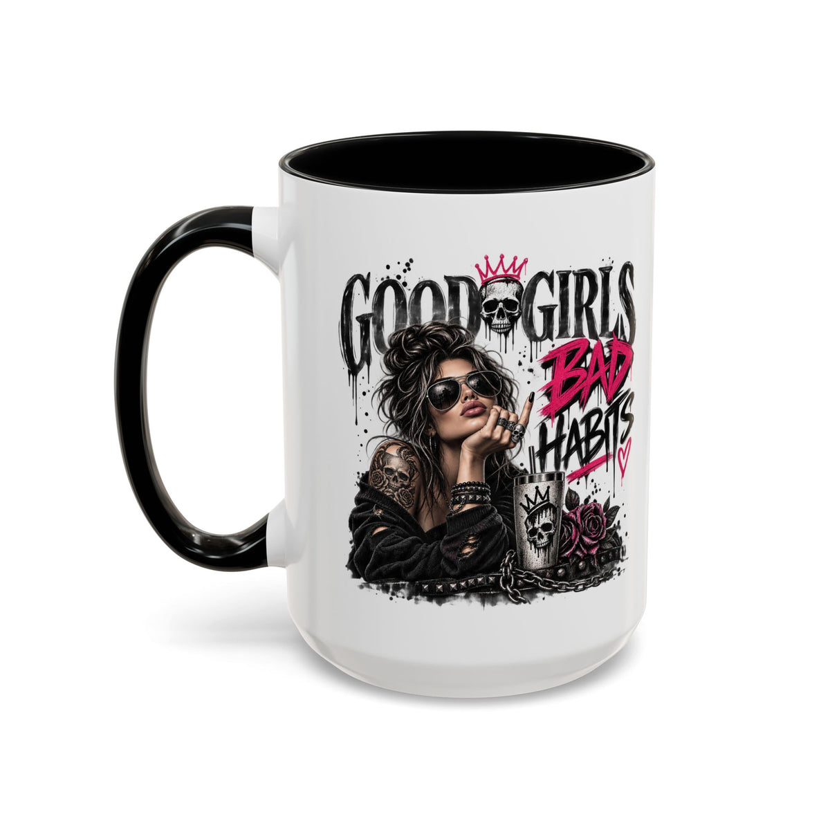 Good Girls, Bad Habits Accent Coffee Mug – Edgy Skull & Crown Design (11/15oz)