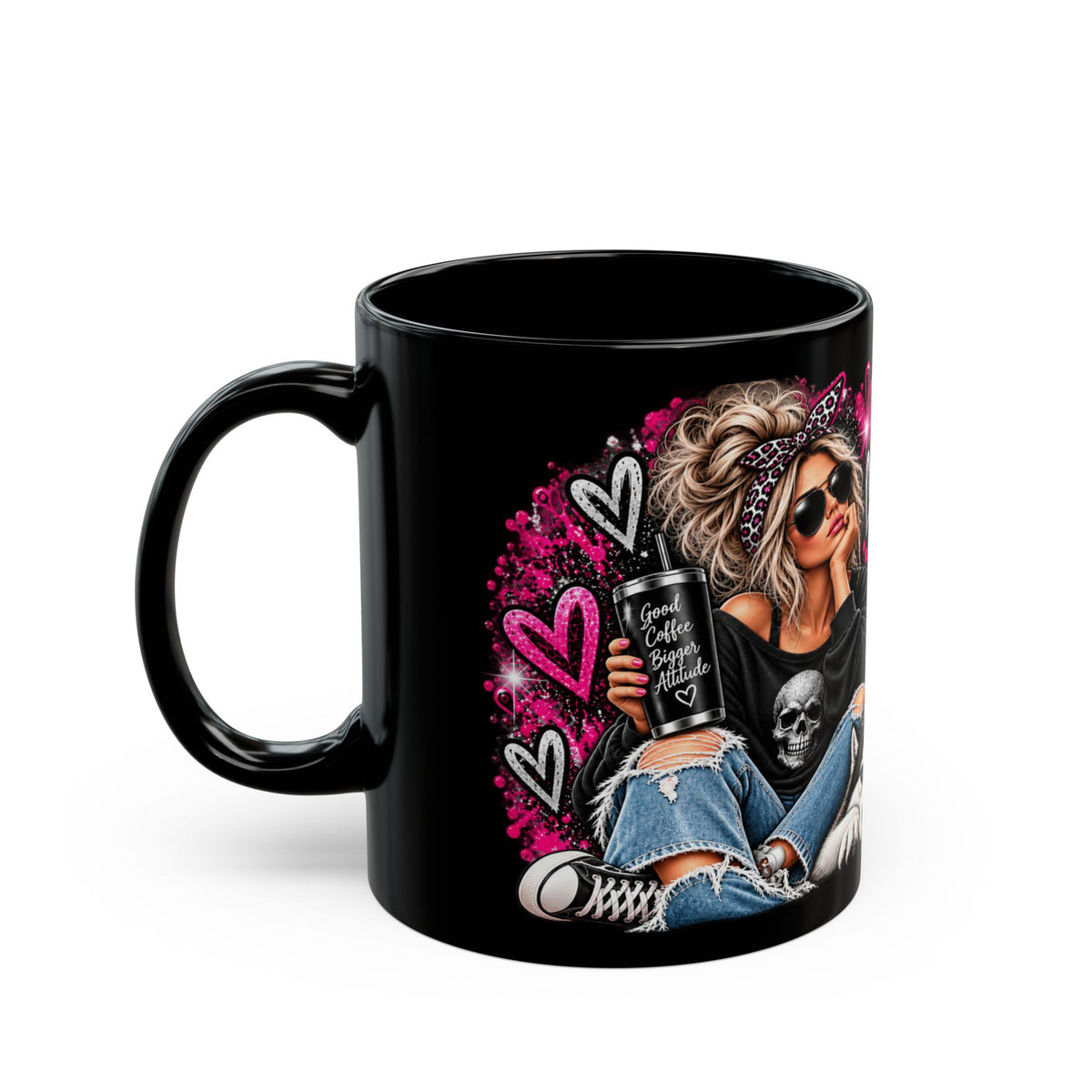 11oz/15oz Black Mug — "Some People Just Need a High Five in the Face with a Chair" Graphic Mug (Sassy Woman & Husky)