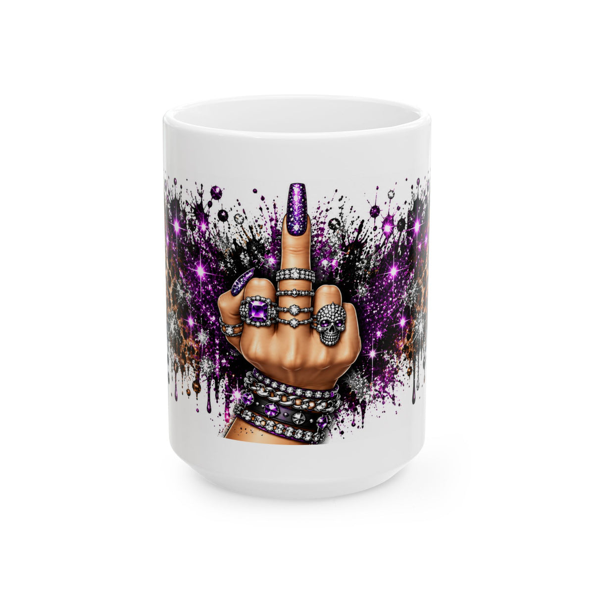 Middle Finger Purple Glam Ceramic Mug — Edgy Don’t Care Coffee Cup (11oz & 15oz)