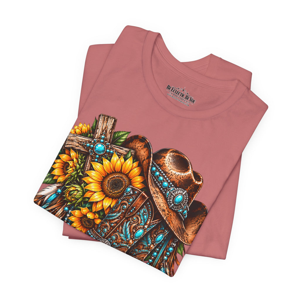 Western Cowboy Boots & Sunflowers Graphic Tee