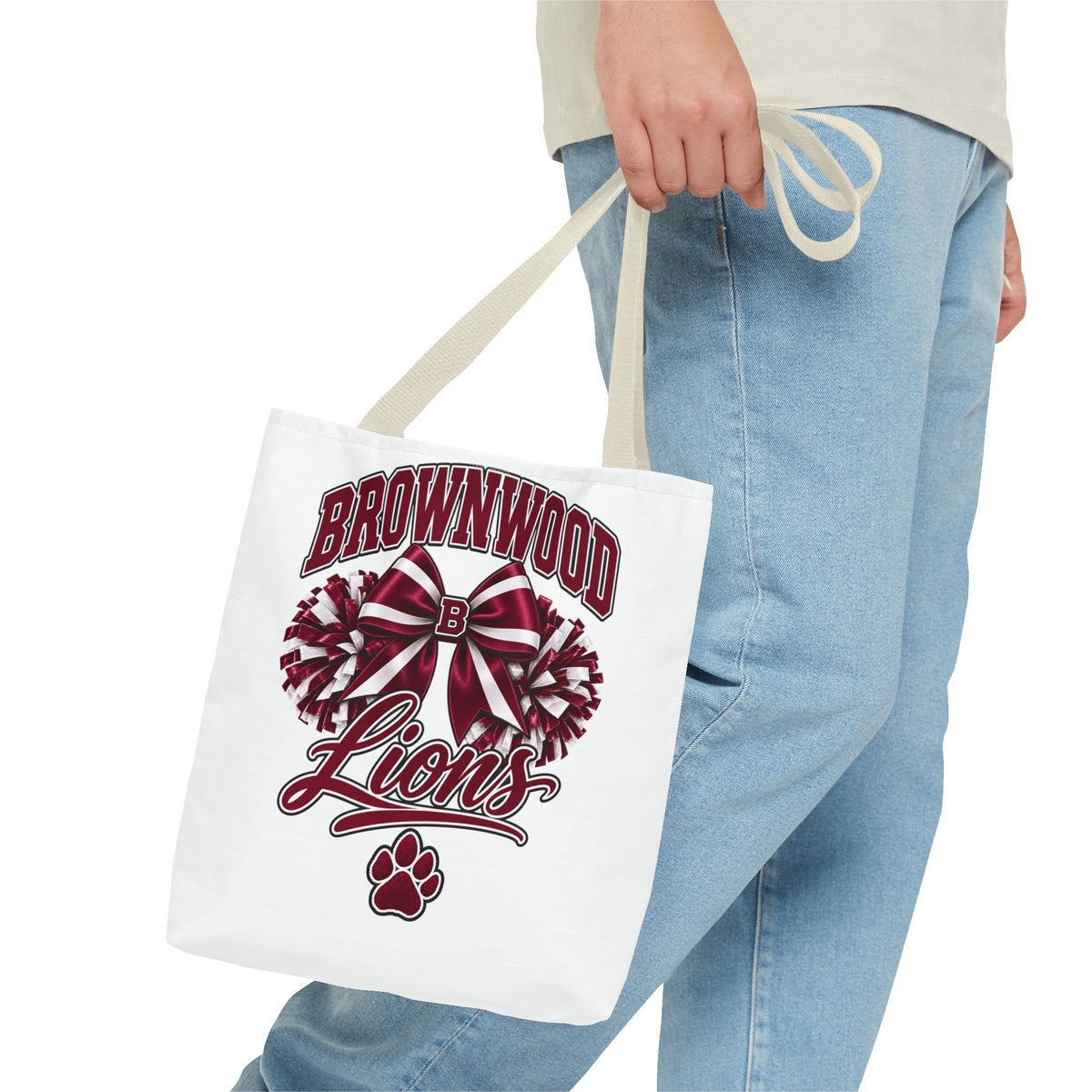 Brownwood Lions Cheer Tote Bag — School Spirit Bow & Pom-Pom Design