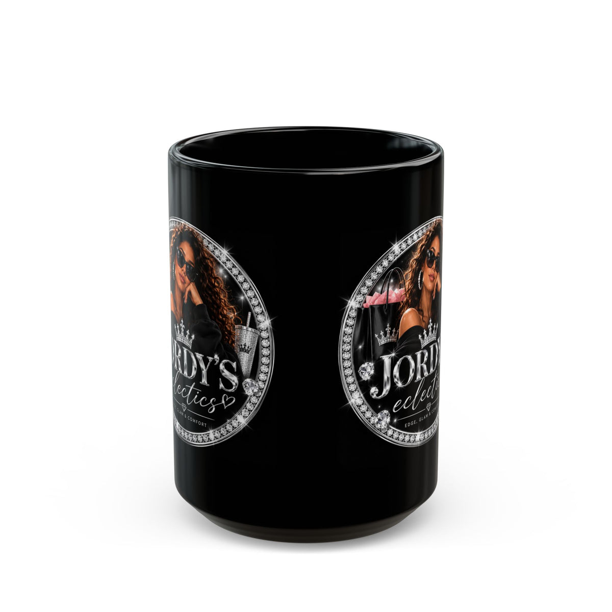 Jordy’s Eclectics Black Coffee Mug – Glam Lady Logo Ceramic Cup (11oz & 15oz)