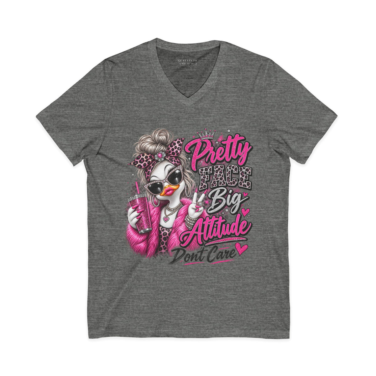 Pretty Duck Graphic V-Neck Tee — "Pretty Bigger Attitude Don’t Care"