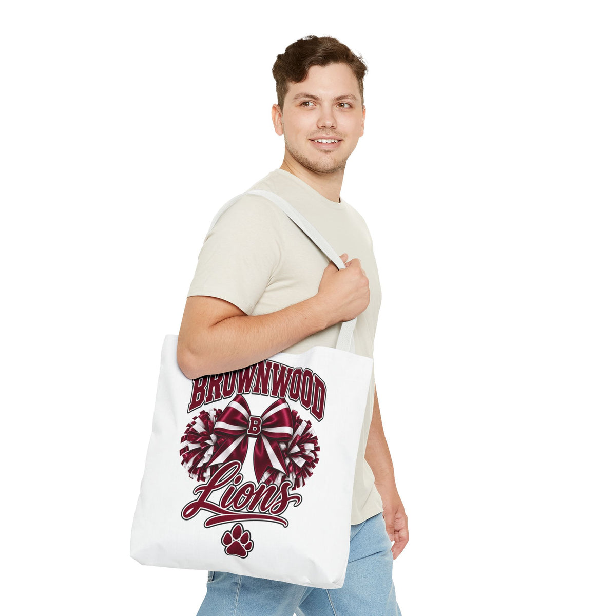 Brownwood Lions Cheer Tote Bag — School Spirit Bow & Pom-Pom Design