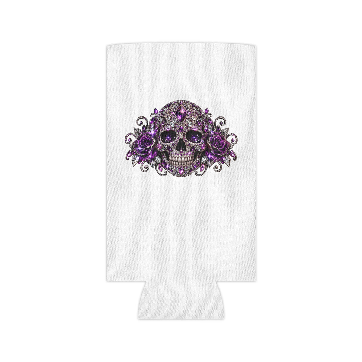 Purple Rhinestone Skull Can Cooler – Floral Gothic Beverage Koozie