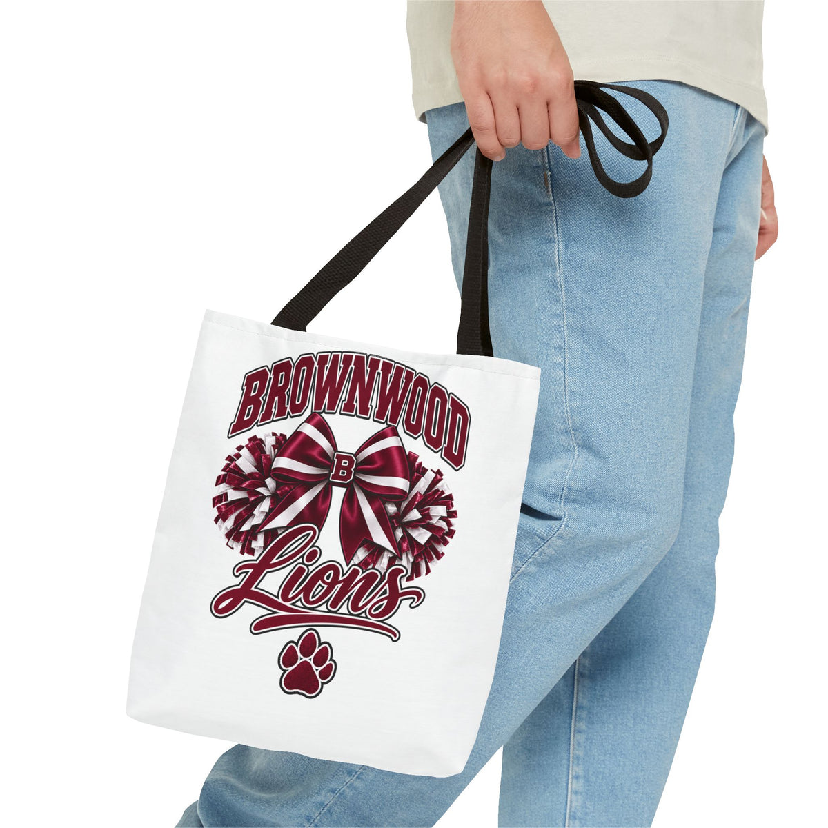 Brownwood Lions Cheer Tote Bag — School Spirit Bow & Pom-Pom Design