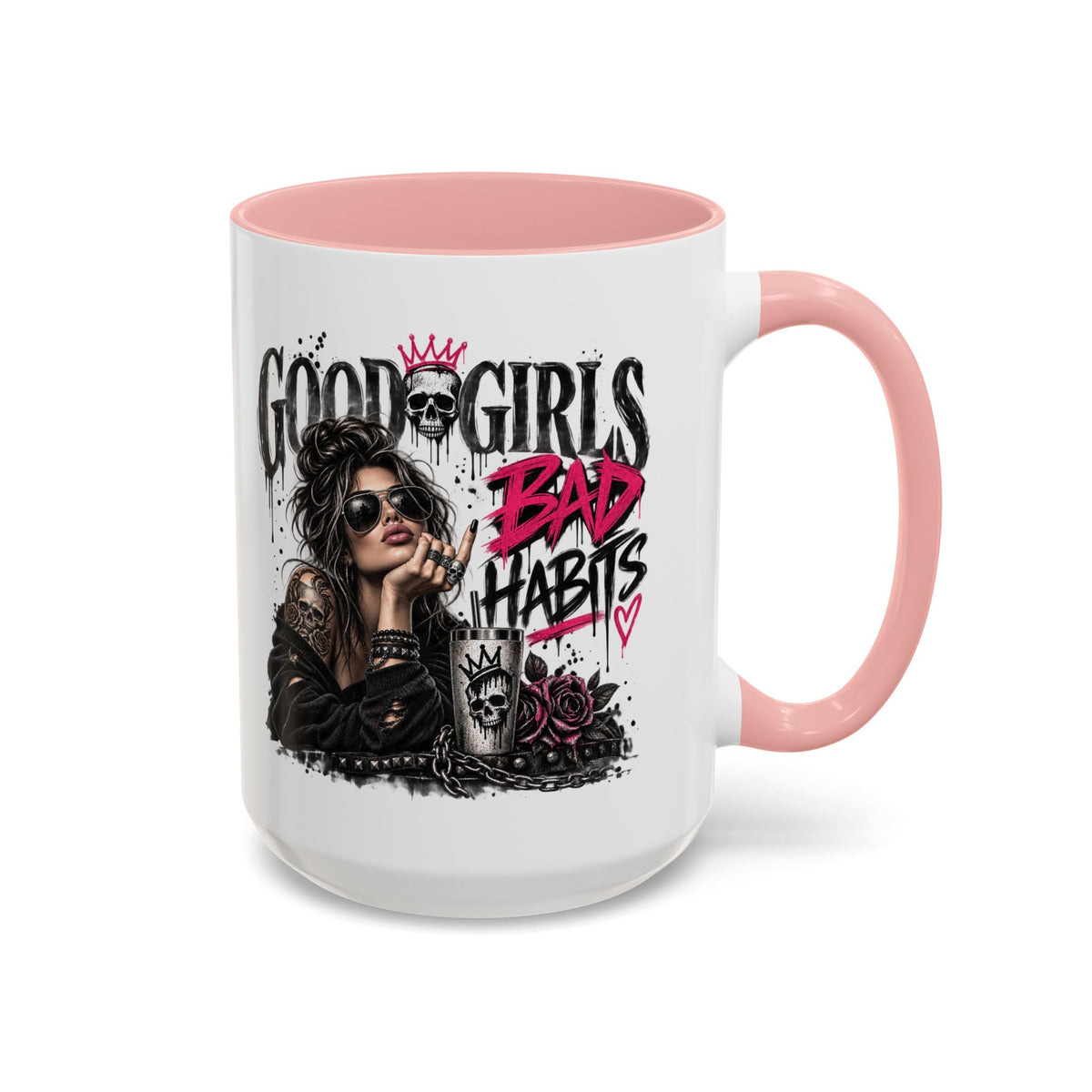 Good Girls, Bad Habits Accent Coffee Mug – Edgy Skull & Crown Design (11/15oz)
