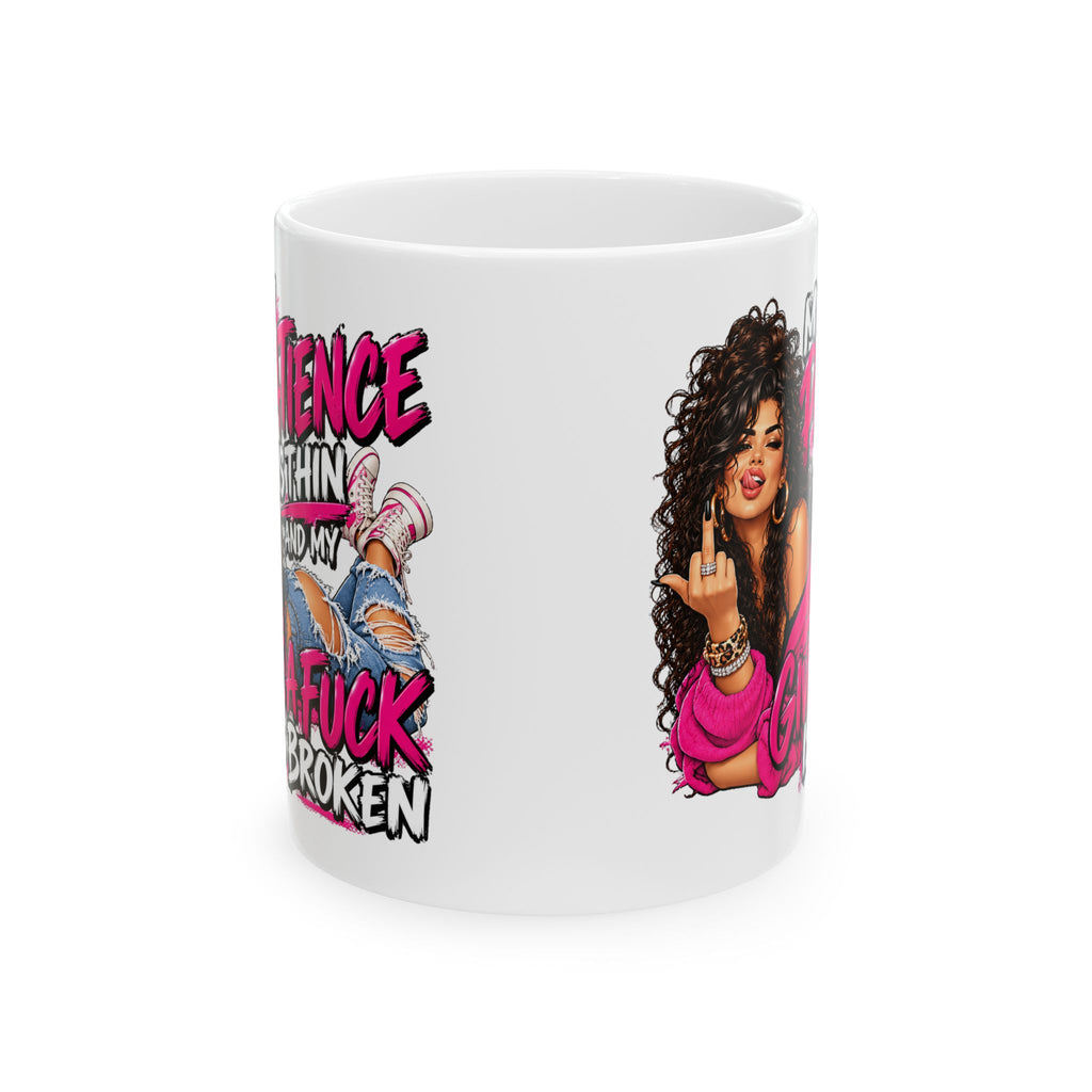 Sassy Middle Finger Ceramic Mug (11oz/15oz) – "My Patience is Thin, My Give a Damn Is Broken" Coffee Cup