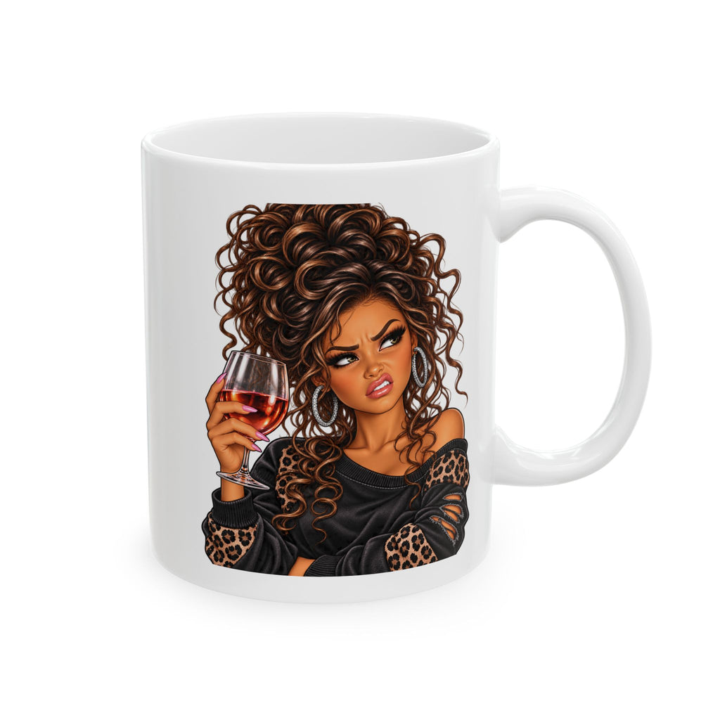 Curly Hair Woman Holding Wine Ceramic Mug – Stylish Coffee Cup Gift for Her (11oz, 15oz)