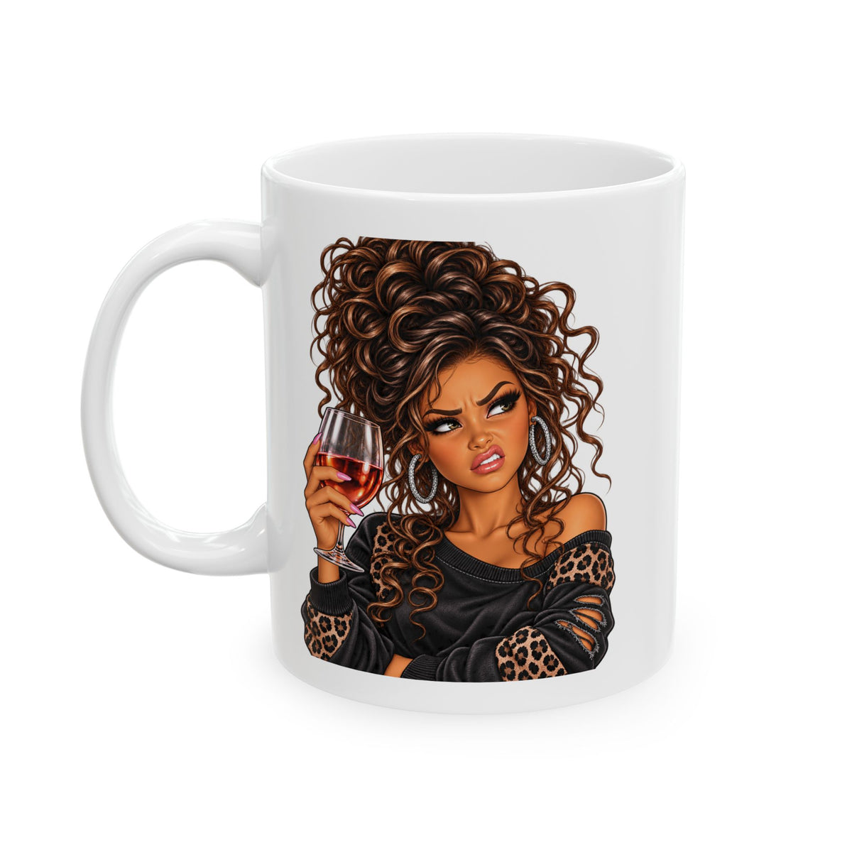 Curly Hair Woman Holding Wine Ceramic Mug – Stylish Coffee Cup Gift for Her (11oz, 15oz)
