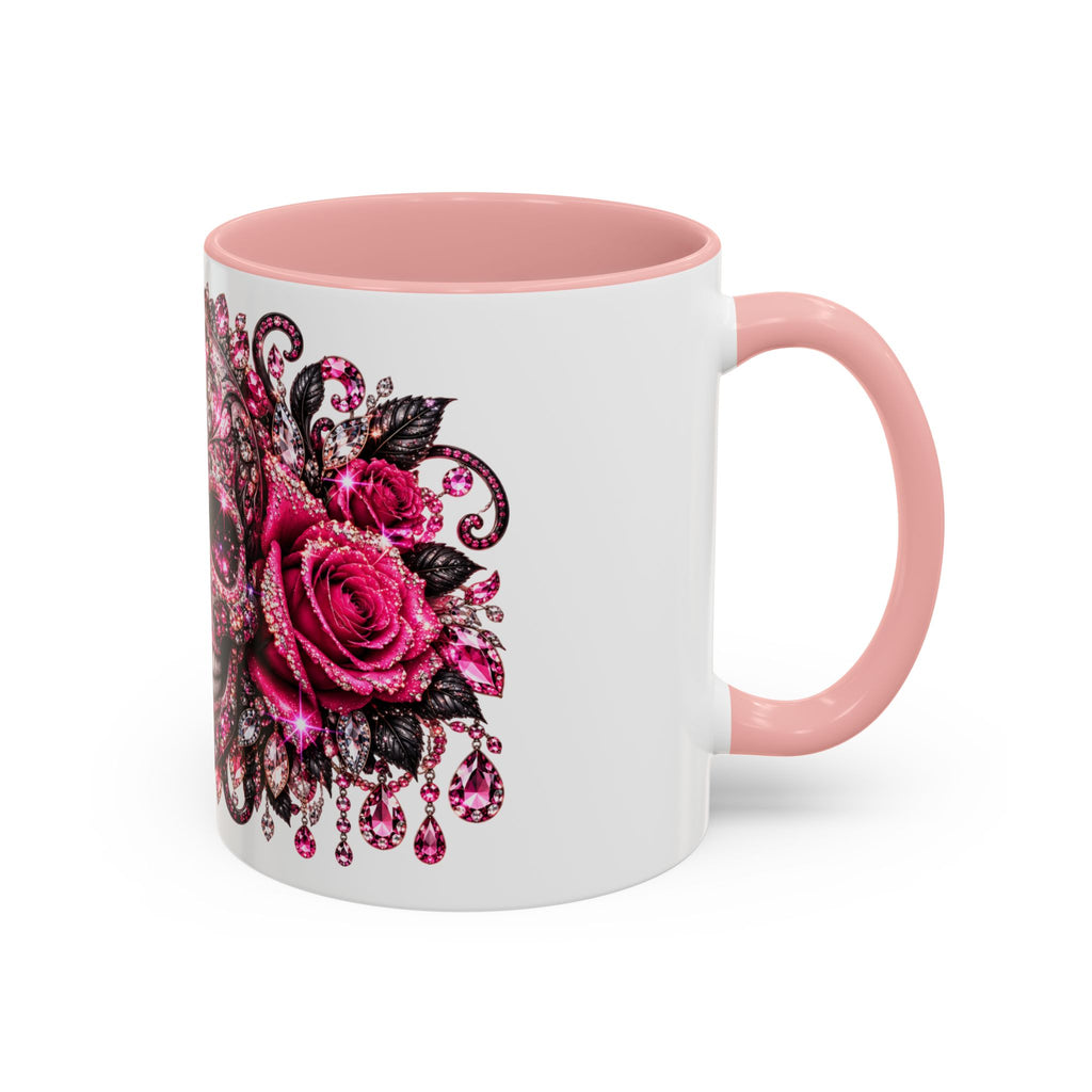 Pink Rhinestone Sugar Skull Coffee Mug – Day of the Dead Floral Accent Mug