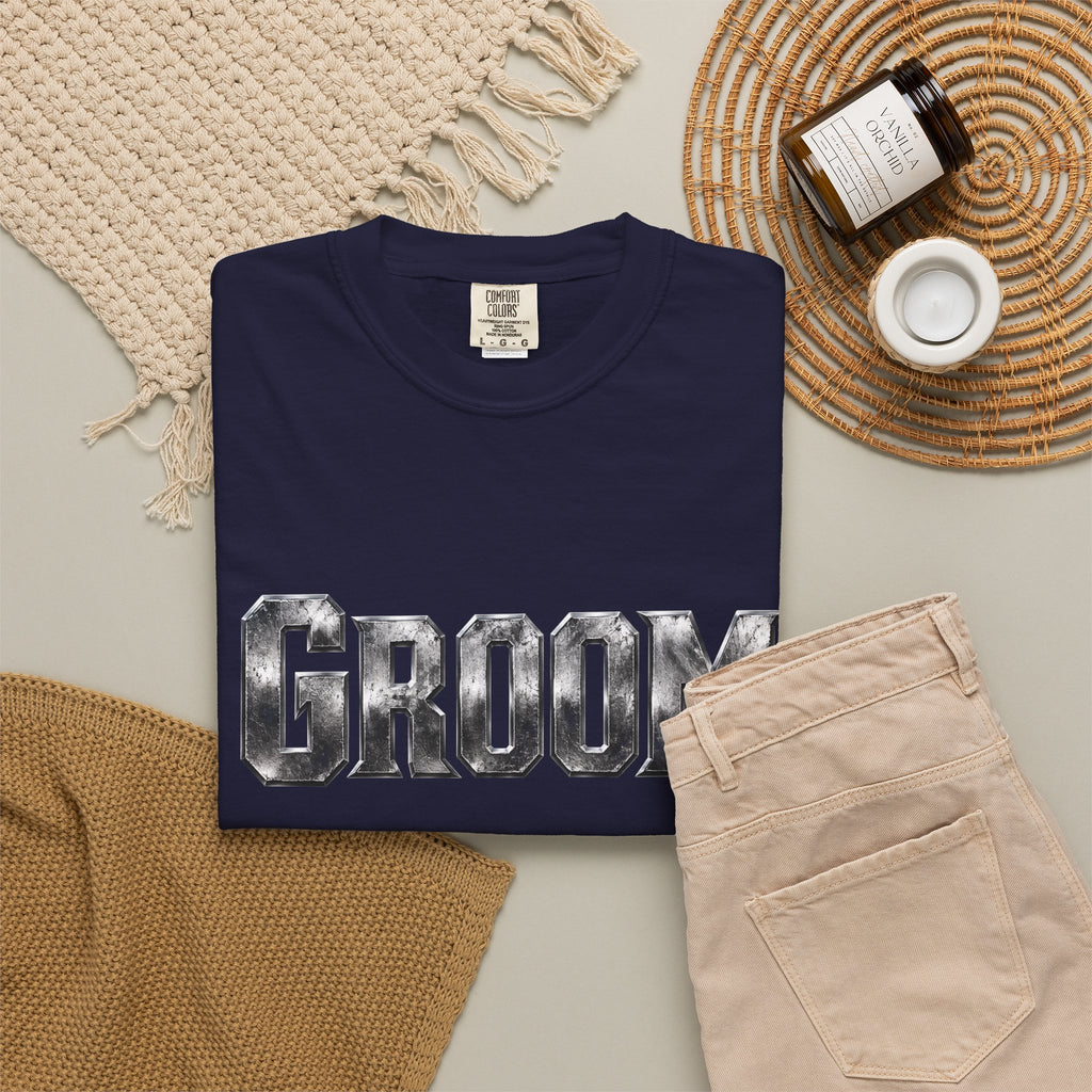 Groom Graphic T-Shirt — Metallic Lettering Wedding Tee for Grooms