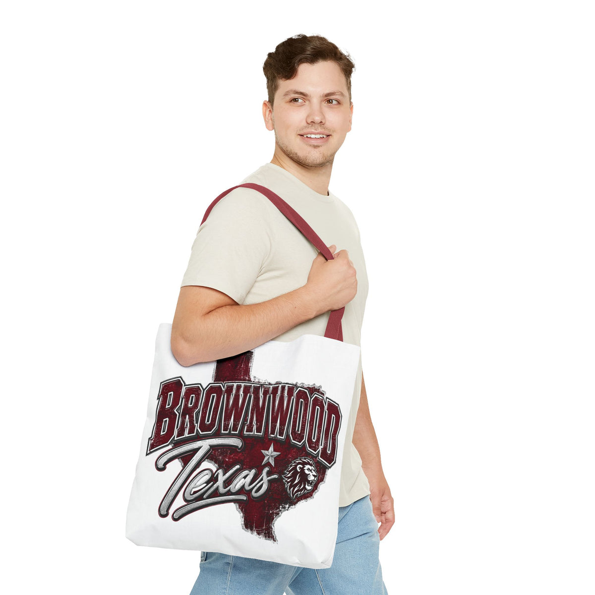 Brownwood Texas Tote Bag — Vintage State Outline & Lion Graphic