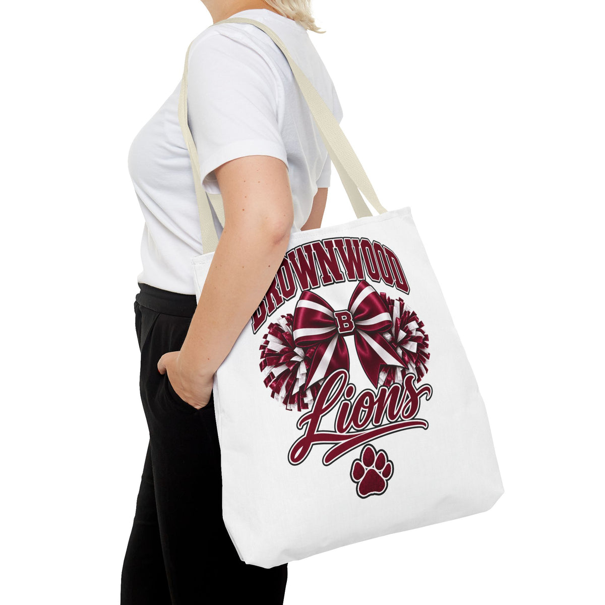 Brownwood Lions Cheer Tote Bag — School Spirit Bow & Pom-Pom Design