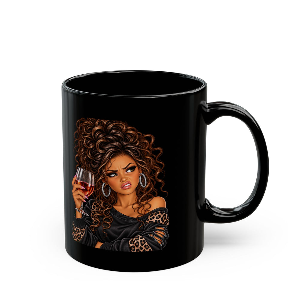 Black Ceramic Mug — Sassy Woman with Wine Illustration
