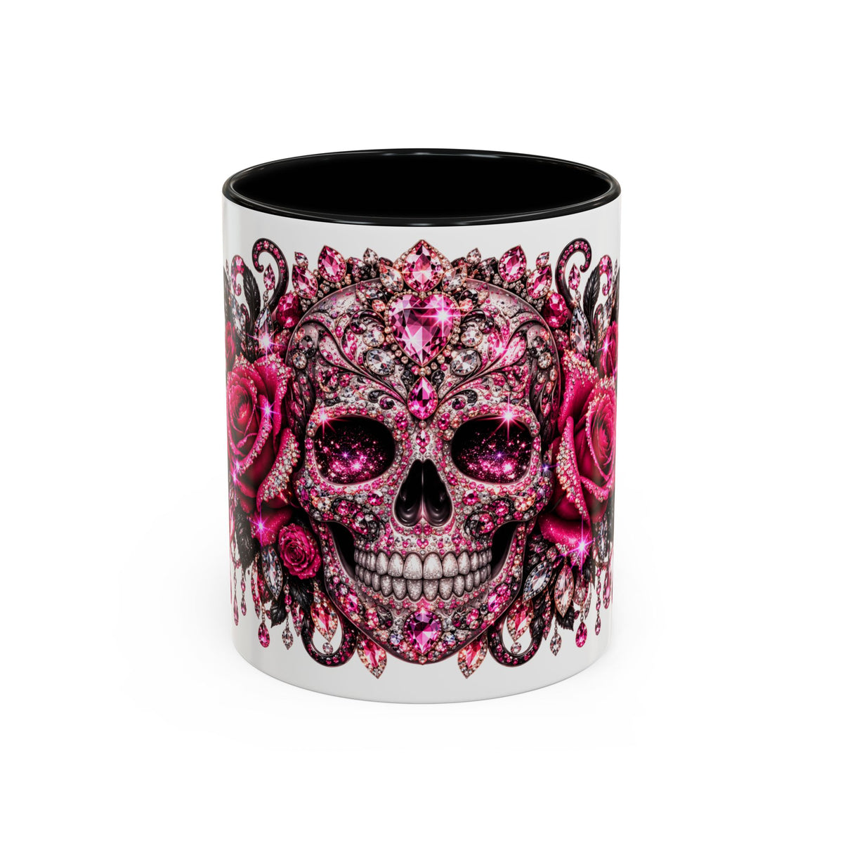 Pink Rhinestone Sugar Skull Coffee Mug – Day of the Dead Floral Accent Mug