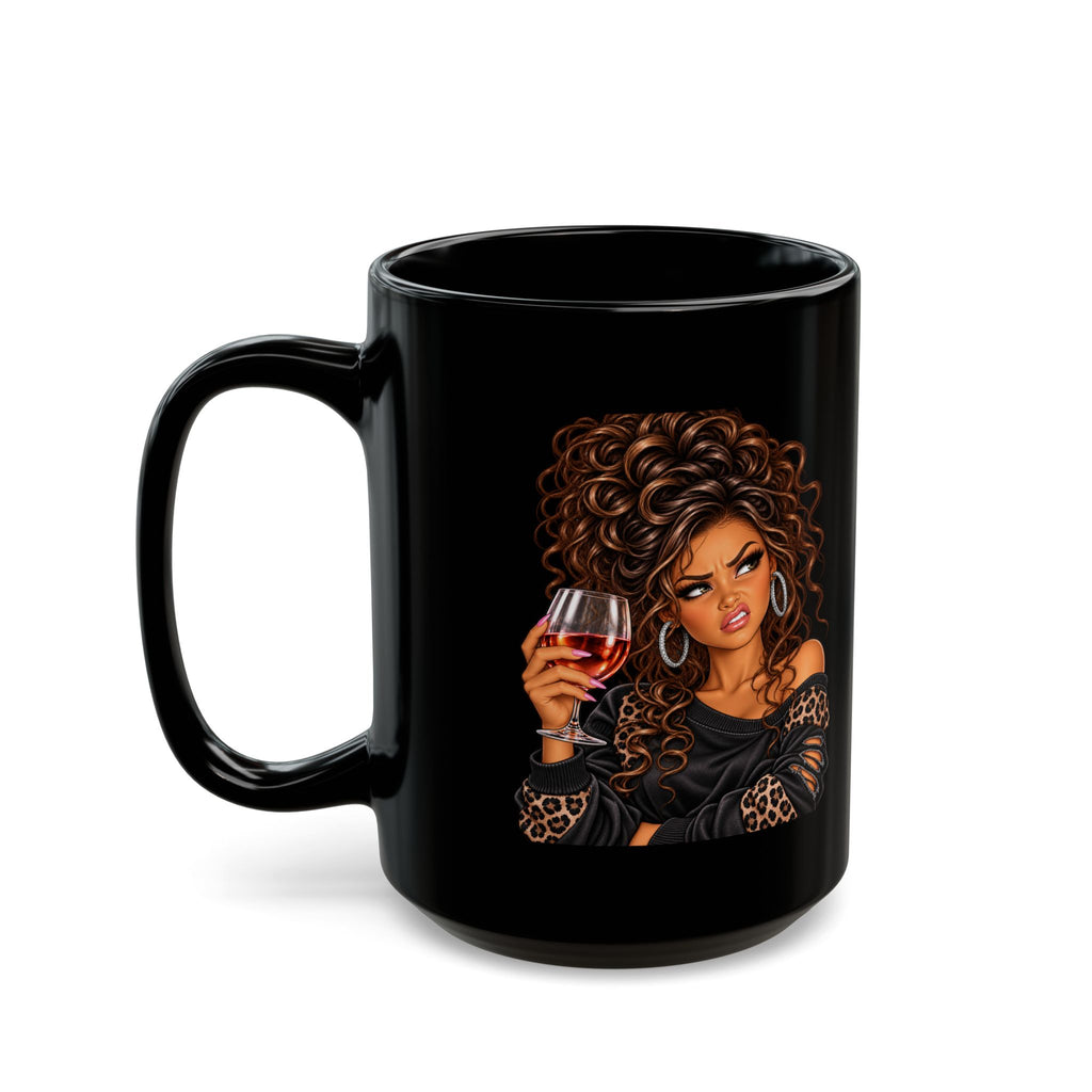Black Ceramic Mug — Sassy Woman with Wine Illustration