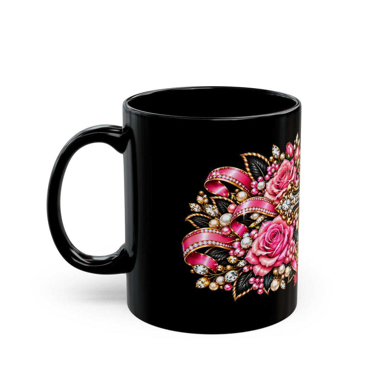 Floral Cross Black Mug – Gothic Rose Christian Gift