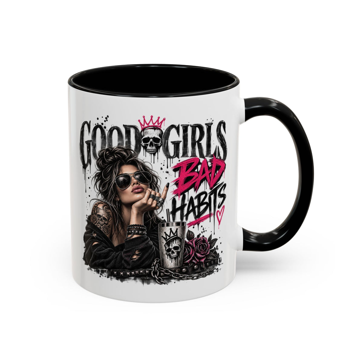 Good Girls, Bad Habits Accent Coffee Mug – Edgy Skull & Crown Design (11/15oz)