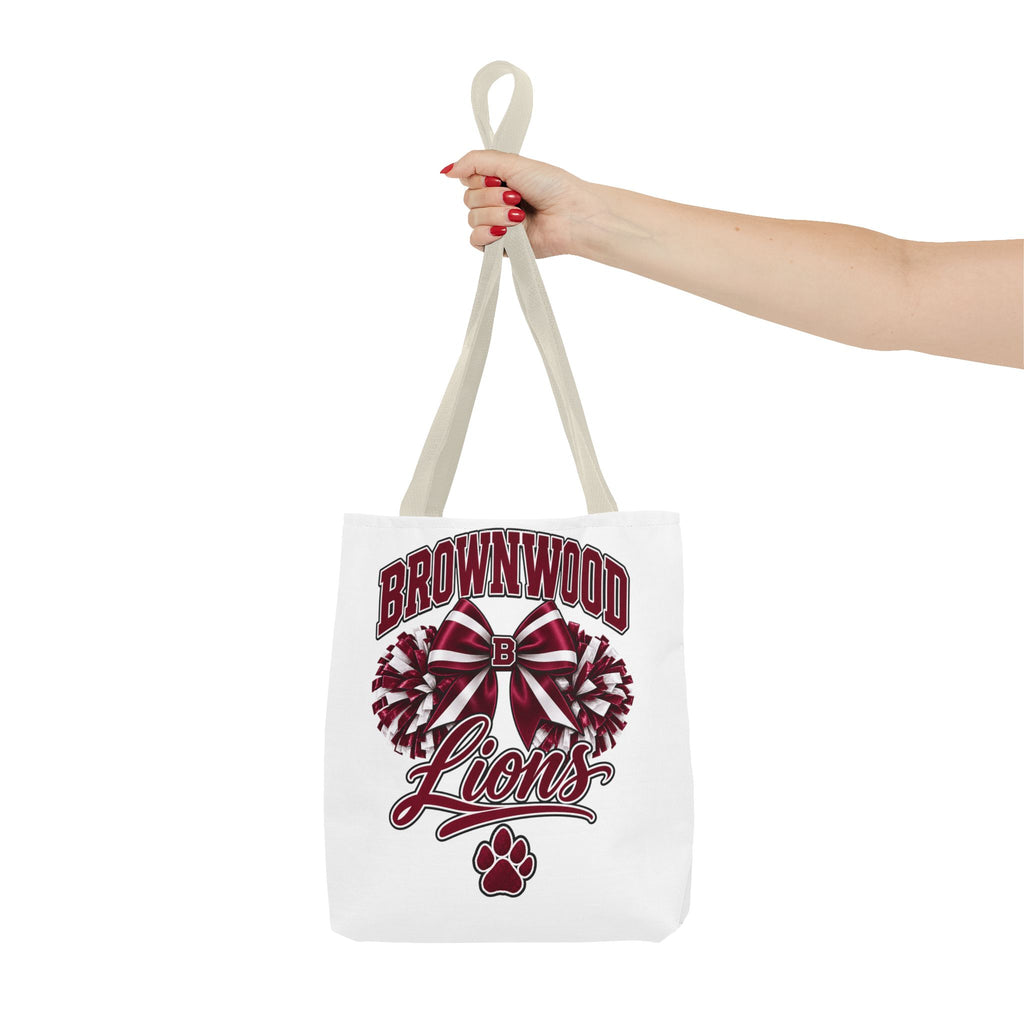 Brownwood Lions Cheer Tote Bag — School Spirit Bow & Pom-Pom Design
