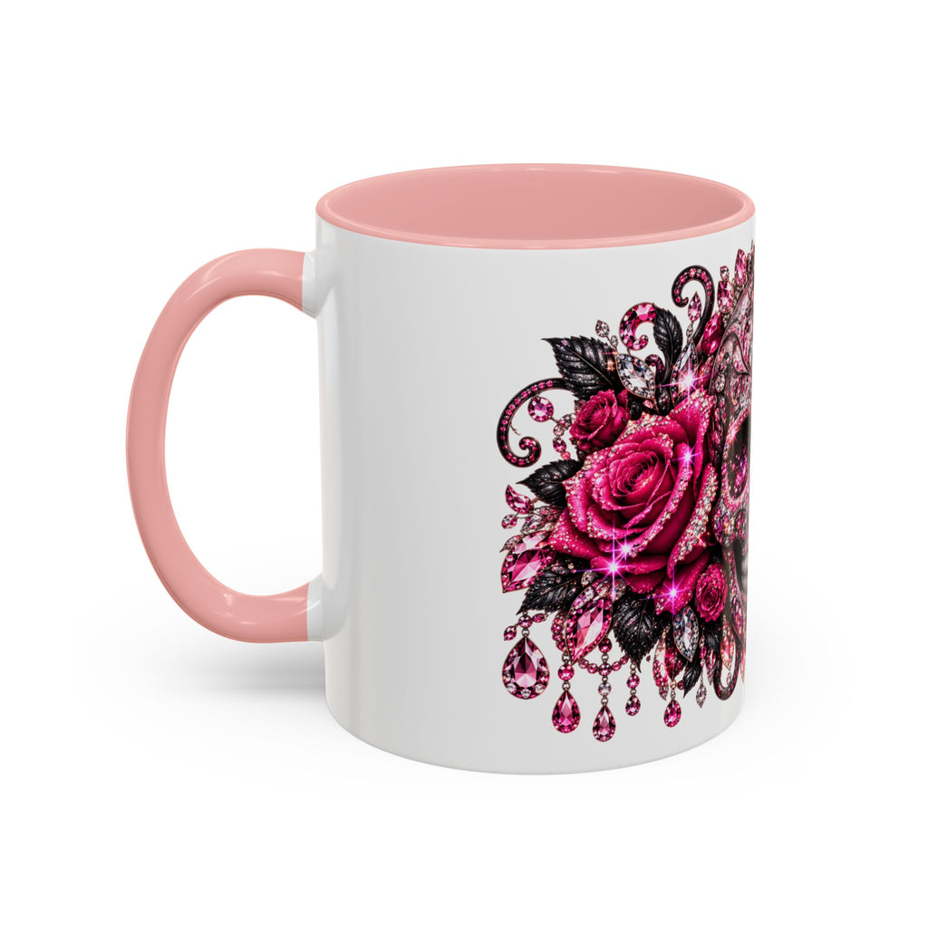 Pink Rhinestone Sugar Skull Coffee Mug – Day of the Dead Floral Accent Mug