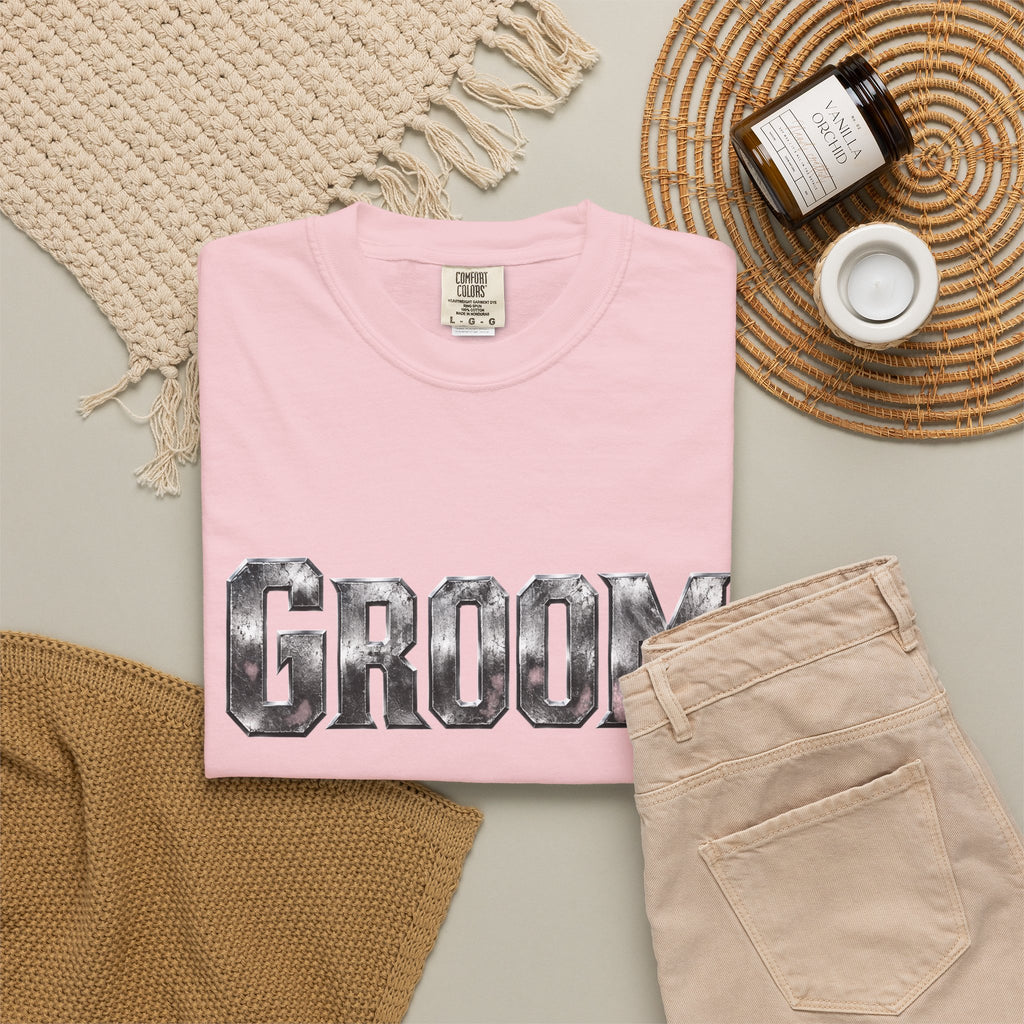 Groom Graphic T-Shirt — Metallic Lettering Wedding Tee for Grooms
