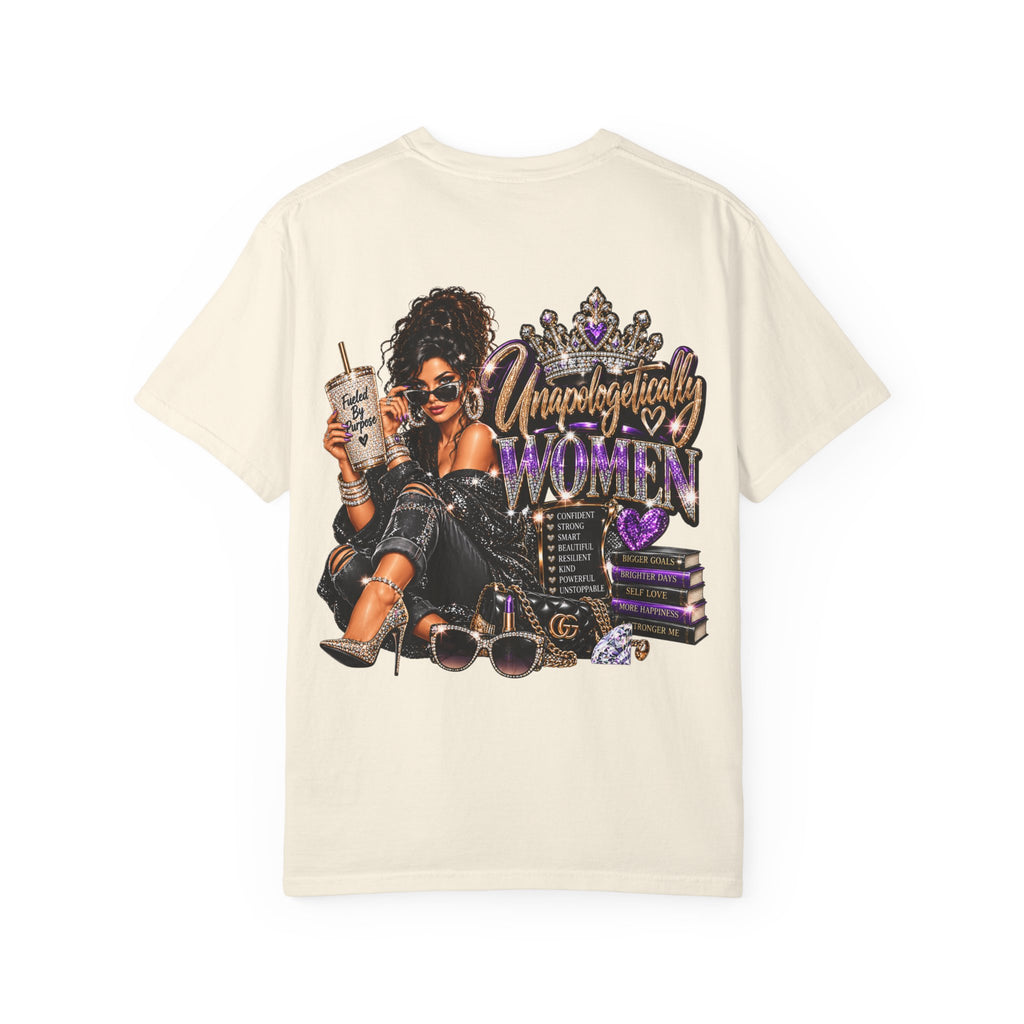 Unapologetically Women T-Shirt — Empowerment Graphic Tee with Crown, Books & Fashion Illustration