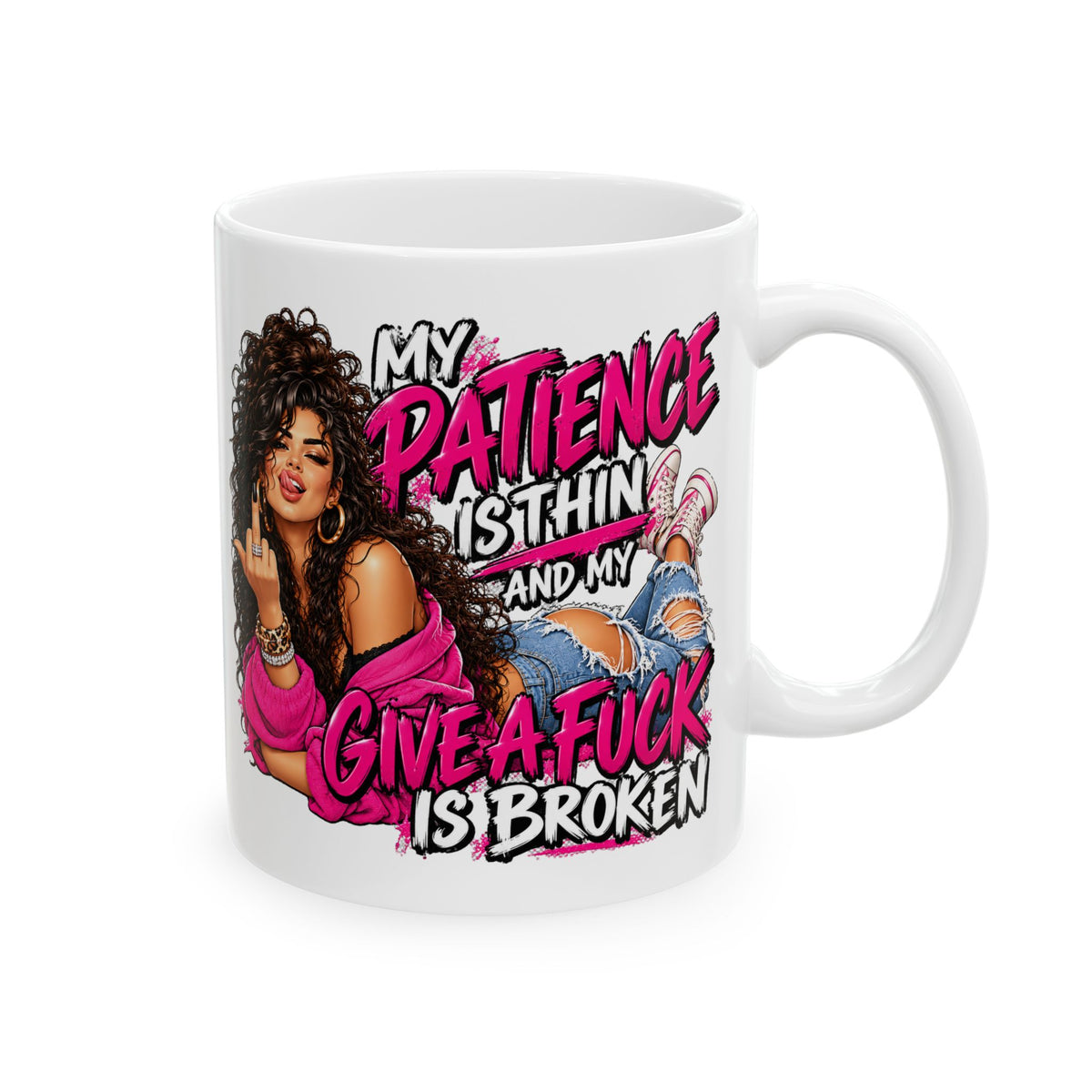 Sassy Middle Finger Ceramic Mug (11oz/15oz) – "My Patience is Thin, My Give a Damn Is Broken" Coffee Cup
