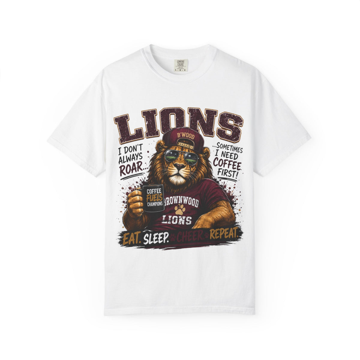 Lions Coffee Club T-Shirt — 'Eat. Sleep. Coffee. Repeat.' Graphic Tee