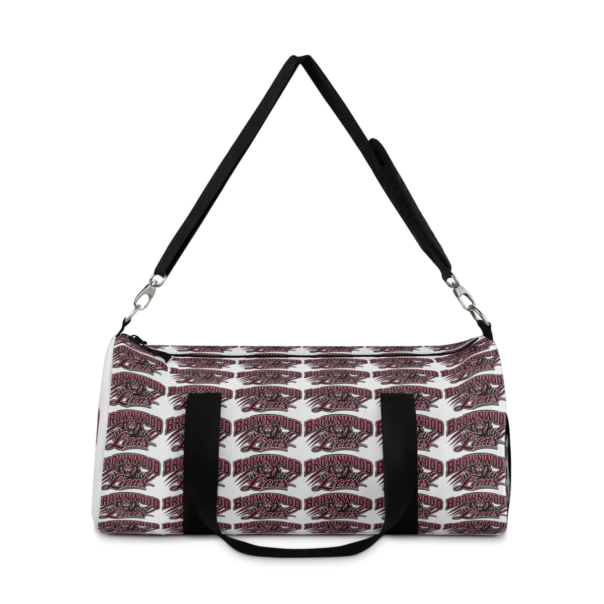 Maroon Script Logo Duffel Bag — Repeat Pattern Travel Gym Bag