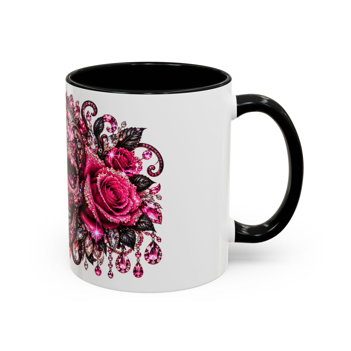 Pink Rhinestone Sugar Skull Coffee Mug – Day of the Dead Floral Accent Mug