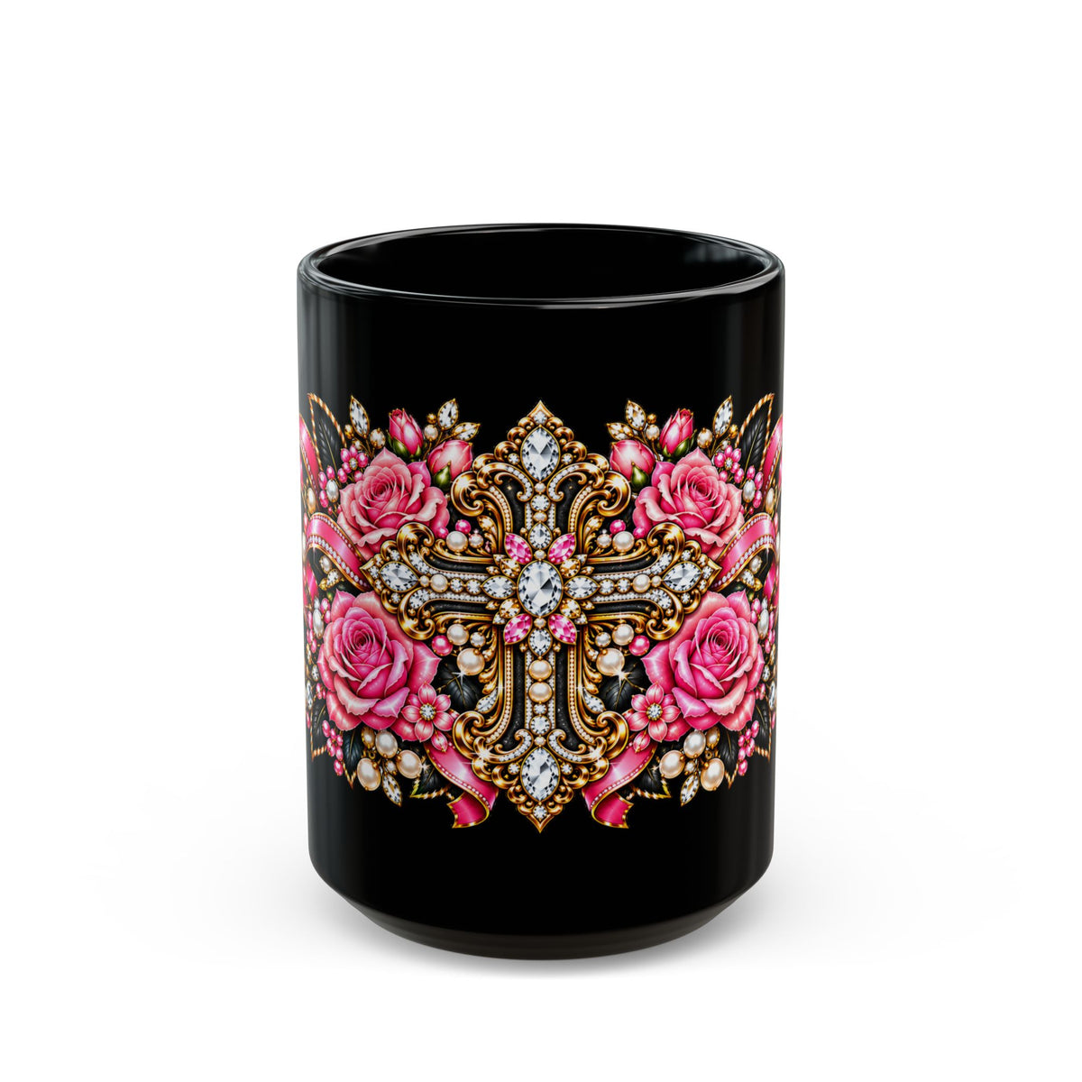 Floral Cross Black Mug – Gothic Rose Christian Gift