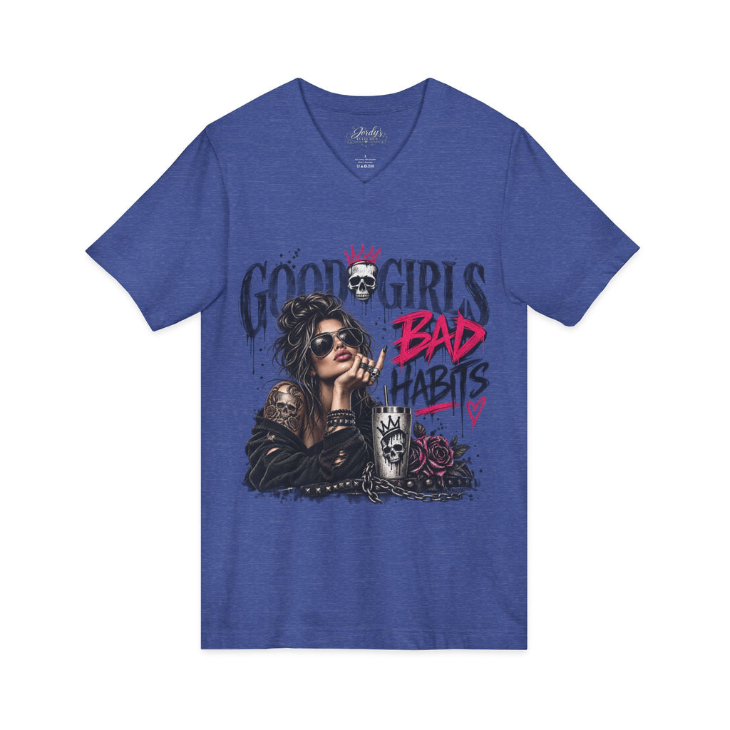 Good Girls Bad Habits V-Neck Tee – Edgy Rocker Graphic T-Shirt