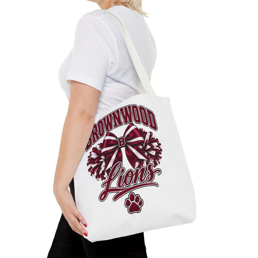 Brownwood Lions Cheer Tote Bag — School Spirit Bow & Pom-Pom Design
